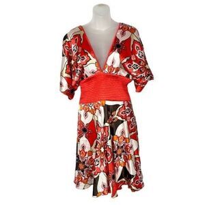 Bebe Red & White Floral Y2K Silk Kimono Reversible Mini Dress M